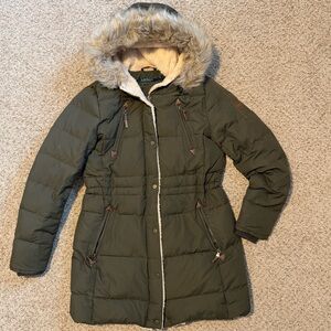 Ralph Lauren Olive Green 60% Down 40% Feather Puffer Coat with Faux Fur Hood - S